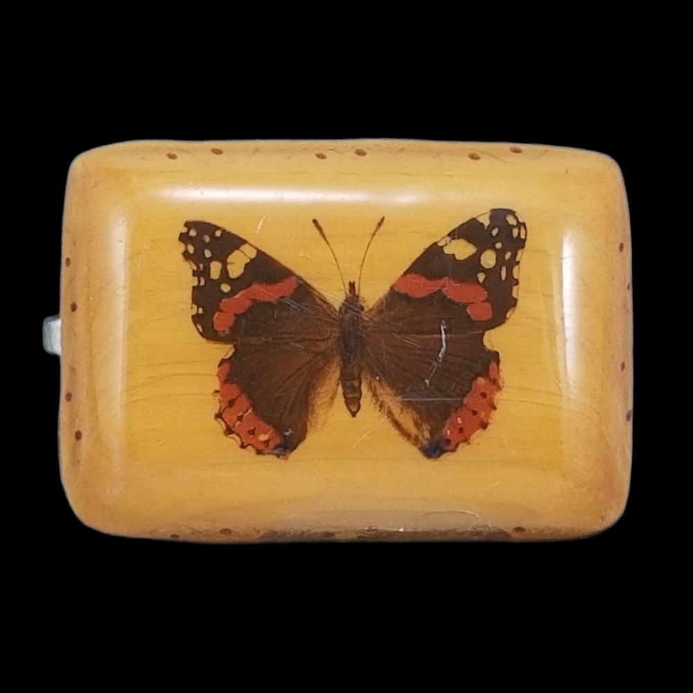 Vintage Painted Butterfly‎ On Wood Resin Small Belt Buckle Red Brown